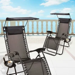 2x Zero Gravity Sun Loungers With Canopy & Drinks Holders