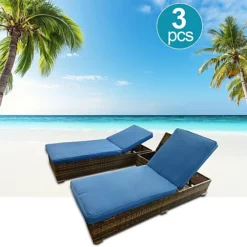 3 Pieces Rattan Sun Lounger Set, 2 Rattan Lounger With Cushion + Storage Rattan Table, Backrest Adjustable - Blue