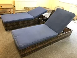 3 Pieces Rattan Sun Lounger Set, 2 Rattan Lounger With Cushion + Storage Rattan Table, Backrest Adjustable - Blue -Flymo Shop 3 pieces rattan sun lounger set 2 rattan lounger with cushion storage rattan table backrest adjustable blue0726972295564 04c MP