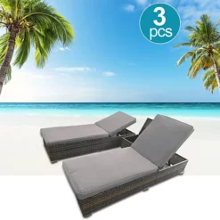 3 Pieces Rattan Sun Lounger Set, 2 Rattan Lounger With Cushion + Storage Rattan Table, Backrest Adjustable - Gray