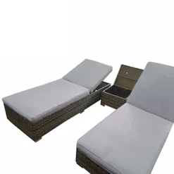 3 Pieces Rattan Sun Lounger Set, 2 Rattan Lounger With Cushion + Storage Rattan Table, Backrest Adjustable - Gray -Flymo Shop 3 pieces rattan sun lounger set 2 rattan lounger with cushion storage rattan table backrest adjustable gray0726972295519 03c MP