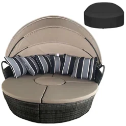 5 PCS Modular Wicker Garden Daybed, Rattan Lounge Chair Round Daybed With Cushion And Waterproof Cover