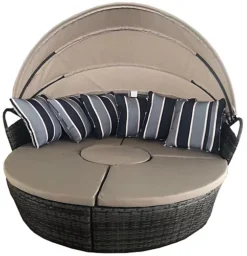 5 PCS Modular Wicker Garden Daybed, Rattan Lounge Chair Round Daybed With Cushion And Waterproof Cover -Flymo Shop 5 pcs modular wicker garden daybed rattan lounge chair round daybed with cushion and waterproof cover0726972295977 04c MP