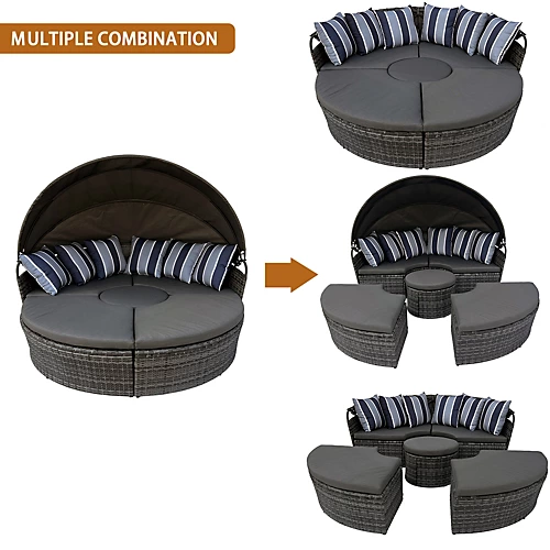 5 Piece Modular Wicker 180CM Garden Daybed With Extendable Canopy, Soft Cushion, Pillow, Cover - Gray 4 5 Piece Modular Wicker 180CM Garden Daybed With Extendable Canopy, Soft Cushion, Pillow, Cover - Gray - Image 2