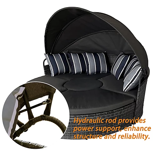 5 Piece Modular Wicker 180CM Garden Daybed With Extendable Canopy, Soft Cushion, Pillow, Cover - Gray 5 5 Piece Modular Wicker 180CM Garden Daybed With Extendable Canopy, Soft Cushion, Pillow, Cover - Gray - Image 3