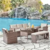 Brown Rattan Cream Cushions 5 Piece Garden Sofa Chairs Bench Glass Top Table -Flymo Shop brown rattan cream cushions 5 piece garden sofa chairs bench glass top table5056546201185 01c MP
