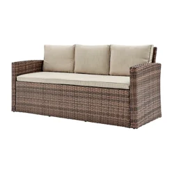 Brown Rattan Cream Cushions 5 Piece Garden Sofa Chairs Bench Glass Top Table -Flymo Shop brown rattan cream cushions 5 piece garden sofa chairs bench glass top table5056546201185 03c MP