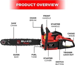 BU-KO 65cc Petrol Chainsaw 3.89HP 20" Bar With 2 Chains And 16" Bar With 2 Chains - Cover Bag And Full Safety Gear -Flymo Shop bu ko 65cc petrol chainsaw 3 89hp 20 bar with 2 chains and 16 bar with 2 chains cover bag and full safety gear5065015655084 03c MP