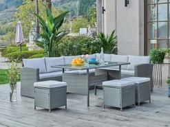 Cairo Rattan Corner Group Garden Furniture Set Outdoor Dining Table Sofa Stool Set, Grey