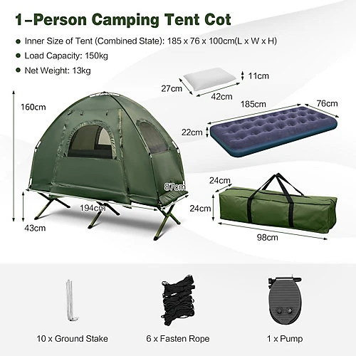 Costway 5-In-1 Single Camping Cot Tent Folding Portable Elevated Tent W/ Air Mattres 3 Costway 5-In-1 Single Camping Cot Tent Folding Portable Elevated Tent W/ Air Mattres - Image 2