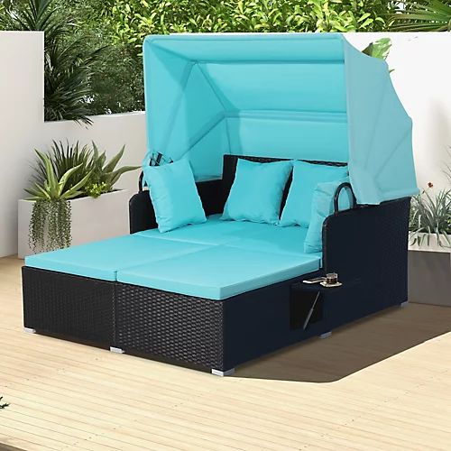 Costway Outdoor PE Wicker Daybed Patio Loveseat Sofa Set W/ Retractable Canopy 6 Costway Outdoor PE Wicker Daybed Patio Loveseat Sofa Set W/ Retractable Canopy - Image 4