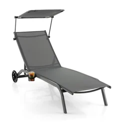 Costway Patio Chaise Lounge Chair W/6-Level Canopy & Wheels Heavy-Duty