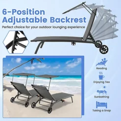 Costway Patio Chaise Lounge Chair W/6-Level Canopy & Wheels Heavy-Duty -Flymo Shop costway patio chaise lounge chair w 6 level canopy wheels heavy duty6085649253424 04c MP