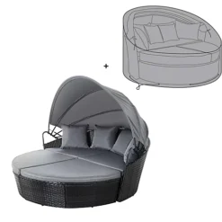 EVRE Black Bali Day Bed Outdoor Garden Furniture Set With Canopy And Cover