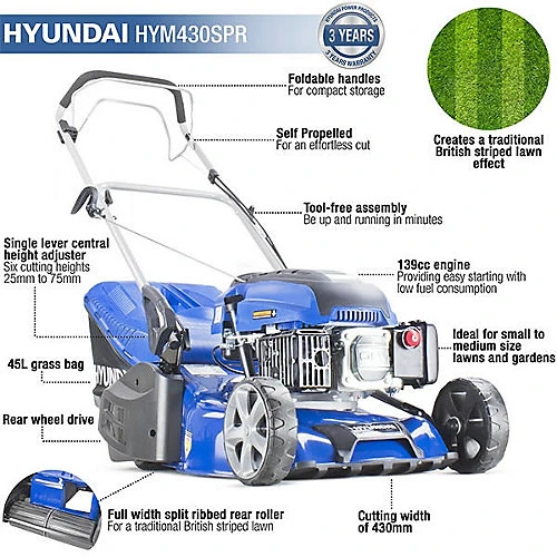 Hyundai 17"/43cm 139cc Self-Propelled Petrol Roller Lawnmower HYM430SPR 4 Hyundai 17"/43cm 139cc Self-Propelled Petrol Roller Lawnmower HYM430SPR - Image 2