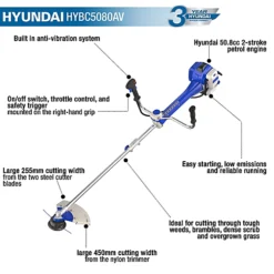 Hyundai 50.8cc Anti-Vibration Grass Trimmer / Brushcutter HYBC5080AV -Flymo Shop hyundai 50 8cc anti vibration grass trimmer brushcutter hybc5080av0747150287676 02c MP