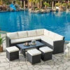 Kos Rattan Corner Group Garden Furniture Set Outdoor Coffee Table Sofa Stool Set, Black