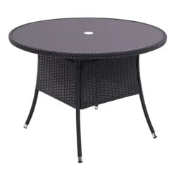 Livingandhome Black Garden Round Wicker Tempered Glass Outdoor Table With Parasol Hole 105 Cm