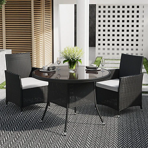 Livingandhome Black Garden Round Wicker Tempered Glass Outdoor Table With Parasol Hole 105 Cm 4 Livingandhome Black Garden Round Wicker Tempered Glass Outdoor Table With Parasol Hole 105 Cm - Image 2