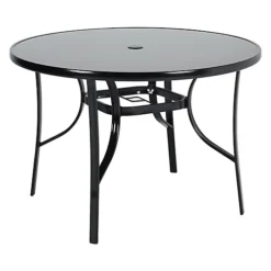 Livingandhome Black Round Metallic And Tempered Glass Garden Table With Parasol Hole Outdoor 105 Cm