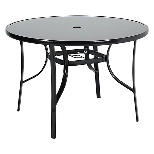 Livingandhome Black Round Metallic And Tempered Glass Garden Table With Parasol Hole Outdoor 105 Cm 3 Livingandhome Black Round Metallic And Tempered Glass Garden Table With Parasol Hole Outdoor 105 Cm