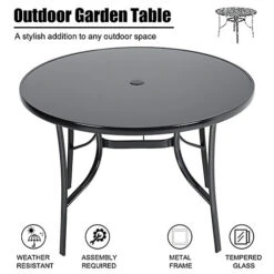 Livingandhome Black Round Metallic And Tempered Glass Garden Table With Parasol Hole Outdoor 105 Cm 7 Livingandhome Black Round Metallic And Tempered Glass Garden Table With Parasol Hole Outdoor 105 Cm -Flymo Shop livingandhome black round metallic and tempered glass garden table with parasol hole outdoor 105 cm0735940289641 03c MP