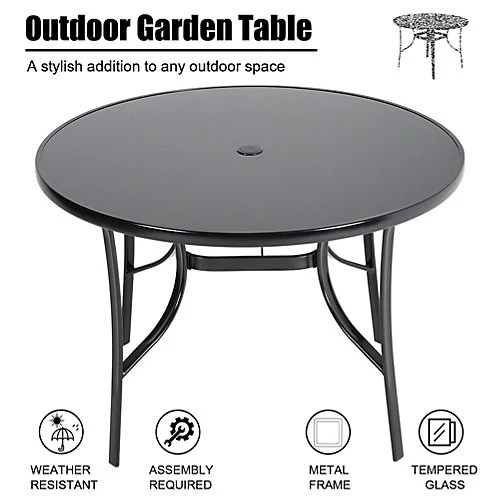 Livingandhome Black Round Metallic And Tempered Glass Garden Table With Parasol Hole Outdoor 105 Cm 4 Livingandhome Black Round Metallic And Tempered Glass Garden Table With Parasol Hole Outdoor 105 Cm - Image 2