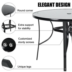 Livingandhome Black Round Metallic And Tempered Glass Garden Table With Parasol Hole Outdoor 105 Cm 8 Livingandhome Black Round Metallic And Tempered Glass Garden Table With Parasol Hole Outdoor 105 Cm -Flymo Shop livingandhome black round metallic and tempered glass garden table with parasol hole outdoor 105 cm0735940289641 04c MP
