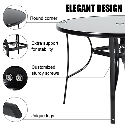 Livingandhome Black Round Metallic And Tempered Glass Garden Table With Parasol Hole Outdoor 105 Cm 5 Livingandhome Black Round Metallic And Tempered Glass Garden Table With Parasol Hole Outdoor 105 Cm - Image 3