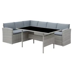 Louisa Corner Grey Rattan Sofa Garden Set For Outdoors L Shaped Black Glass Topped Dining Table Grey Cushions -Flymo Shop louisa corner grey rattan sofa garden set for outdoors l shaped black glass topped dining table grey cushions5056546200874 02c MP