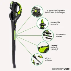 MYLEK Cordless Leaf Blower 20V Li-ion With 2 X 4000mAh Battery & Fast Charger - Two Speed - Battery Indicator LED 8 MYLEK Cordless Leaf Blower 20V Li-ion With 2 X 4000mAh Battery & Fast Charger - Two Speed - Battery Indicator LED -Flymo Shop mylek cordless leaf blower 20v li ion with 2 x 4000mah battery fast charger two speed battery indicator led5056411318444 03c MP