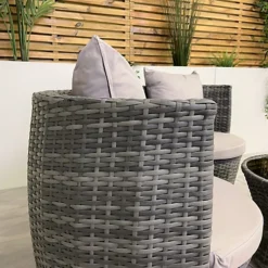 Outdoor Grey Rattan With Light Grey Cushions Garden Patio Stackable Vase Bistro Chair And Table Set -Flymo Shop outdoor grey rattan with light grey cushions garden patio stackable vase bistro chair and table set5060658795050 02c MP