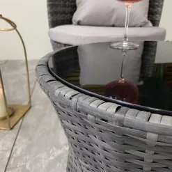 Outdoor Grey Rattan With Light Grey Cushions Garden Patio Stackable Vase Bistro Chair And Table Set -Flymo Shop outdoor grey rattan with light grey cushions garden patio stackable vase bistro chair and table set5060658795050 03c MP