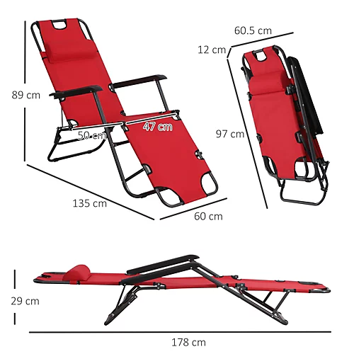 Outsunny 2 In 1 Outdoor Folding Sun Lounger W/ Adjustable Back And Pillow Red 5 Outsunny 2 In 1 Outdoor Folding Sun Lounger W/ Adjustable Back And Pillow Red - Image 3