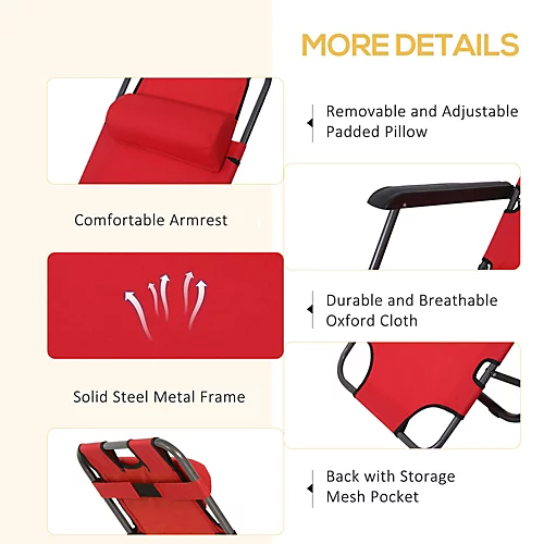 Outsunny 2 In 1 Outdoor Folding Sun Lounger W/ Adjustable Back And Pillow Red 6 Outsunny 2 In 1 Outdoor Folding Sun Lounger W/ Adjustable Back And Pillow Red - Image 4