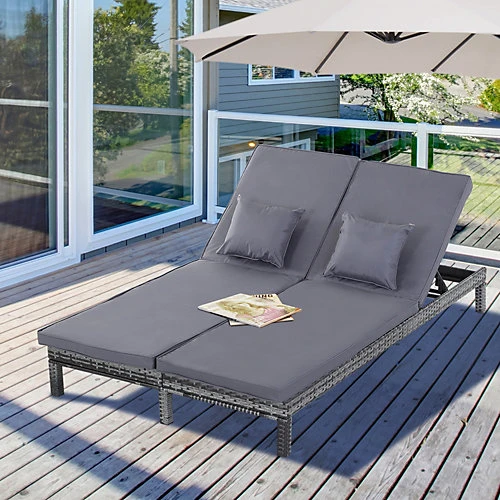 Outsunny 2 Person Rattan Lounger Adjustable Double Chaise Chair With Cushion Grey 3 Outsunny 2 Person Rattan Lounger Adjustable Double Chaise Chair With Cushion Grey