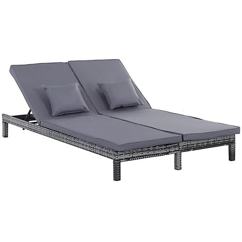 Outsunny 2 Person Rattan Lounger Adjustable Double Chaise Chair With Cushion Grey 4 Outsunny 2 Person Rattan Lounger Adjustable Double Chaise Chair With Cushion Grey - Image 2