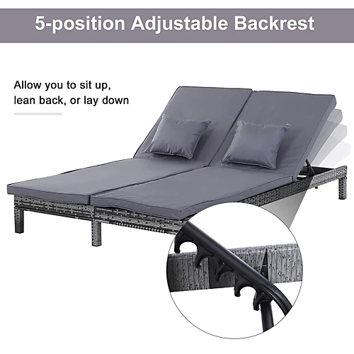 Outsunny 2 Person Rattan Lounger Adjustable Double Chaise Chair With Cushion Grey 6 Outsunny 2 Person Rattan Lounger Adjustable Double Chaise Chair With Cushion Grey - Image 4