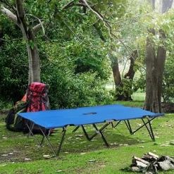 Outsunny Double Camping Cot Foldable Outdoor Patio Sleeping Bed Super Light With Carry Bag (Blue)