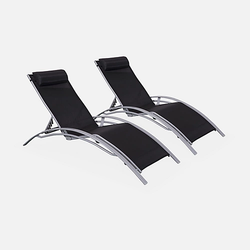 Pair Of Aluminium And Textilene Sun Loungers 4 Reclining Positions Headrest Included Stackable - Louisa - Anthracite Frame Bla 4 Pair Of Aluminium And Textilene Sun Loungers 4 Reclining Positions Headrest Included Stackable - Louisa - Anthracite Frame Bla - Image 2