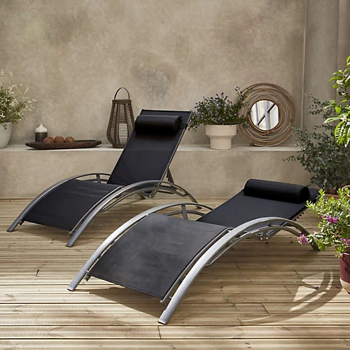 Pair Of Aluminium And Textilene Sun Loungers 4 Reclining Positions Headrest Included Stackable - Louisa - Anthracite Frame Bla 5 Pair Of Aluminium And Textilene Sun Loungers 4 Reclining Positions Headrest Included Stackable - Louisa - Anthracite Frame Bla - Image 3
