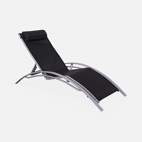 Pair Of Aluminium And Textilene Sun Loungers 4 Reclining Positions Headrest Included Stackable - Louisa - Anthracite Frame Bla 6 Pair Of Aluminium And Textilene Sun Loungers 4 Reclining Positions Headrest Included Stackable - Louisa - Anthracite Frame Bla - Image 4