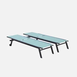 Pair Of Multi-position Aluminium Sun Loungers With Wheels - Elsa - Anthracite Frame Sage Green Textilene Fabric -Flymo Shop pair of multi position aluminium sun loungers with wheels elsa anthracite frame sage green textilene fabric3760287180747 03c MP
