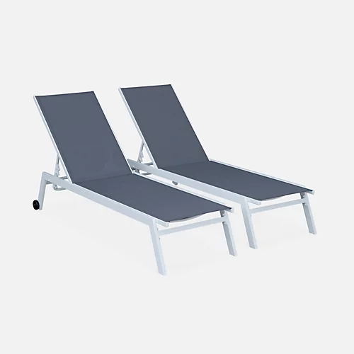 Pair Of Multi-position Aluminium Sun Loungers With Wheels - Elsa - White Frame Grey Textilene Fabric 4 Pair Of Multi-position Aluminium Sun Loungers With Wheels - Elsa - White Frame Grey Textilene Fabric - Image 2