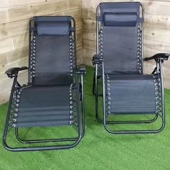 Pair Of Multi Position Textoline Garden Relaxer Chair Lounger - All Black -Flymo Shop pair of multi position textoline garden relaxer chair lounger all black5060559852180 04c MP