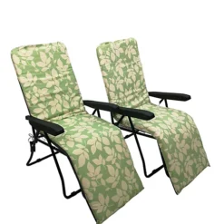 Set Of 2 Padded Outdoor Garden Patio Recliner / Sun Lounger Green With Leaf Pattern -Flymo Shop set of 2 padded outdoor garden patio recliner sun lounger green with leaf pattern5056589112073 04c MP