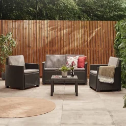 VonHaus 4 Seater Rattan Sofa Set, Rattan Effect Garden Sofa Set, Armchairs, Coffee Table, Weatherproof Frame & Cushions For Patio