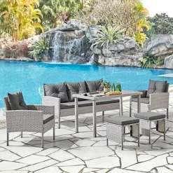 Wicker Style Garden Dining Set In Grey Footstools Sofa Chairs Table Black Glass Table Top